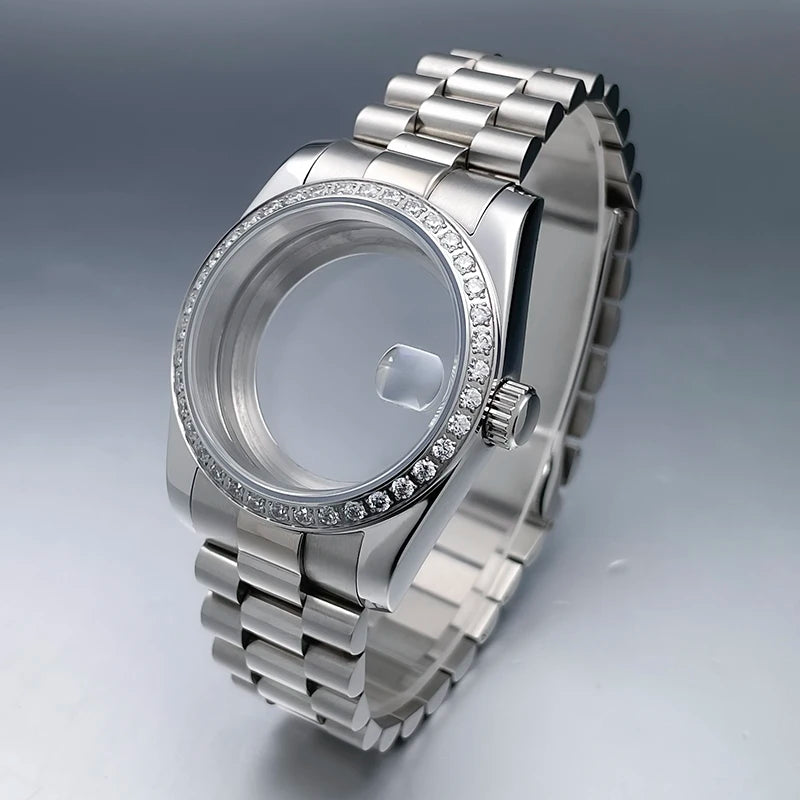 36mm/39mm NH35 Case President Jubile Strap Diamond Bezel Sapphire Glass Mod For NH35 NH36 Movement Watch Case Accessories Parts