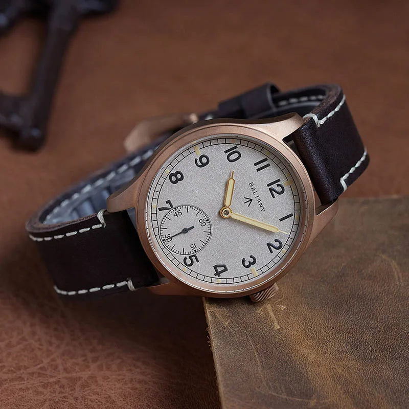 Baltany Vintage Dirty Dozen Wristwatches Golden Hands Seagull ST3620 Luminous 5ATM Leather Automatic Retro D12 Bronze Watches