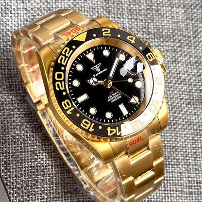 Tandorio Submariner NH34 GMT Watch TD015B Yellow Gold Ceramic 20bar 40mm Sapphire