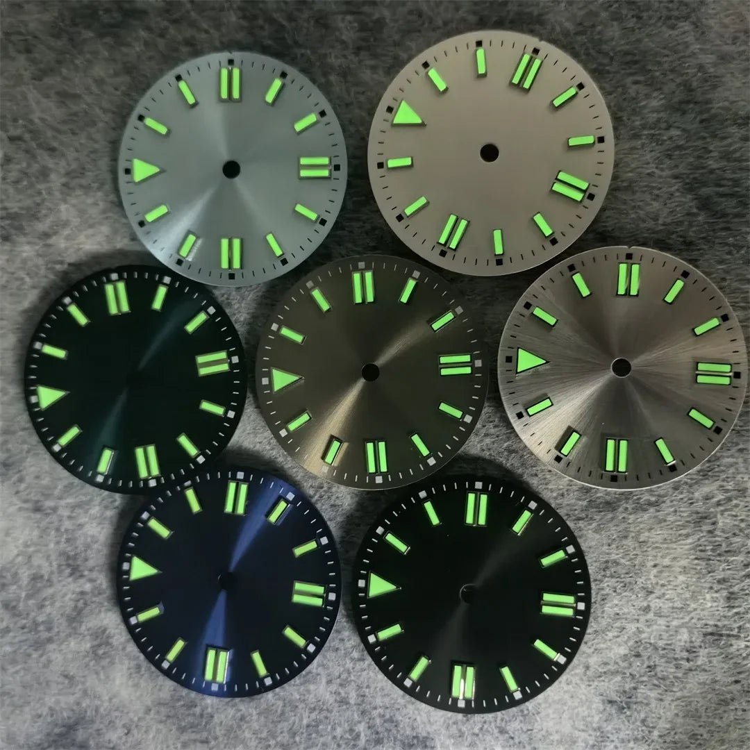 28.5mm Watch Dial Sunray Texture Dial Double Strips Nails Green Luminous Watch Faces for NH35/ 8215/ 2813/ 2836 Movements