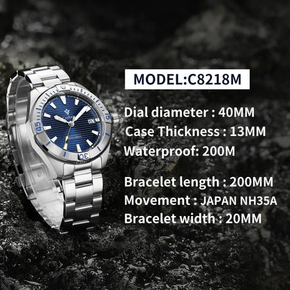 CADISEN C8218 Diver V2 20Bar NH35 Automatic 40MM Sapphire luminous