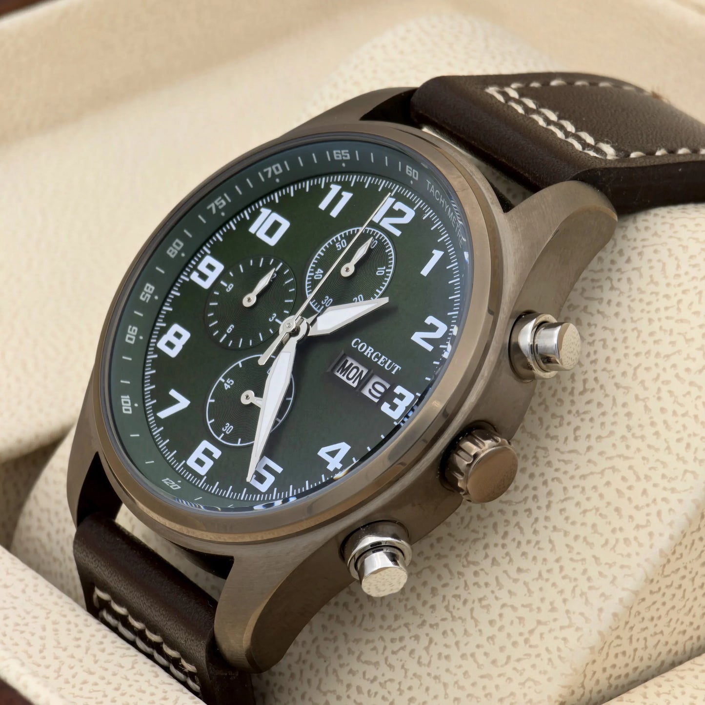 Corgeut 9003 Chronograph Watch 41mm Date Month MIYOTA OS00 Quartz Sapphire 3ATM