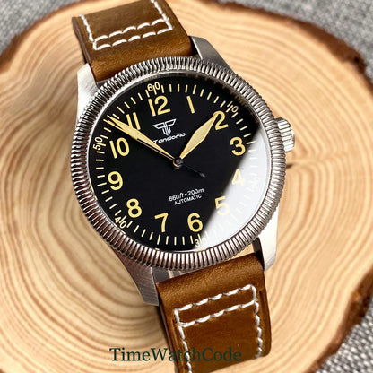 Tandorio Fluted Pilot Watch TD117A 20BAR  NH35 PT5000 Roman Numerals Sapphire 39mm