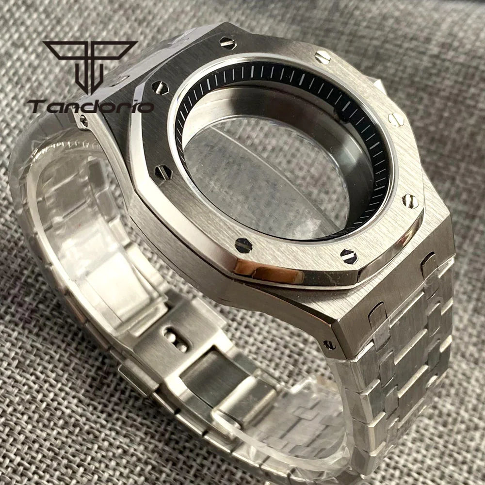 42mm Royal Oak AP Case Stainless Steel Brushed Octagon Watch Case Bracelet Glass Back Chapter Ring Sapphire Glass Fit NH35 NH36 Automatic Movement