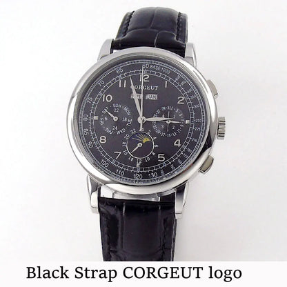 Corgeut Moon Phase Watch 42mm Seagull St1655 Automatic Day Date Month Calendar Glass Back 42MM 3ATM