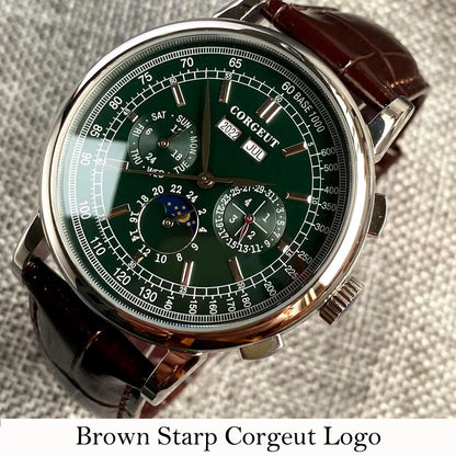 Corgeut Moon Phase Watch 42mm Seagull St1655 Automatic Day Date Month Calendar Glass Back 42MM 3ATM