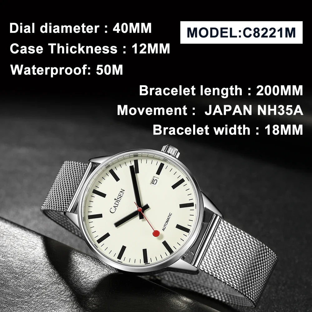 Cadisen C8221 Minimalist Watch Miyota 8215 AR Sapphire C3 Lume 40MM 5Bar
