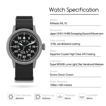 Militado ML10 Quartz pilot Watch VH31 Sweeping Second Sapphire BGW9 Luminous 10Bar 37mm
