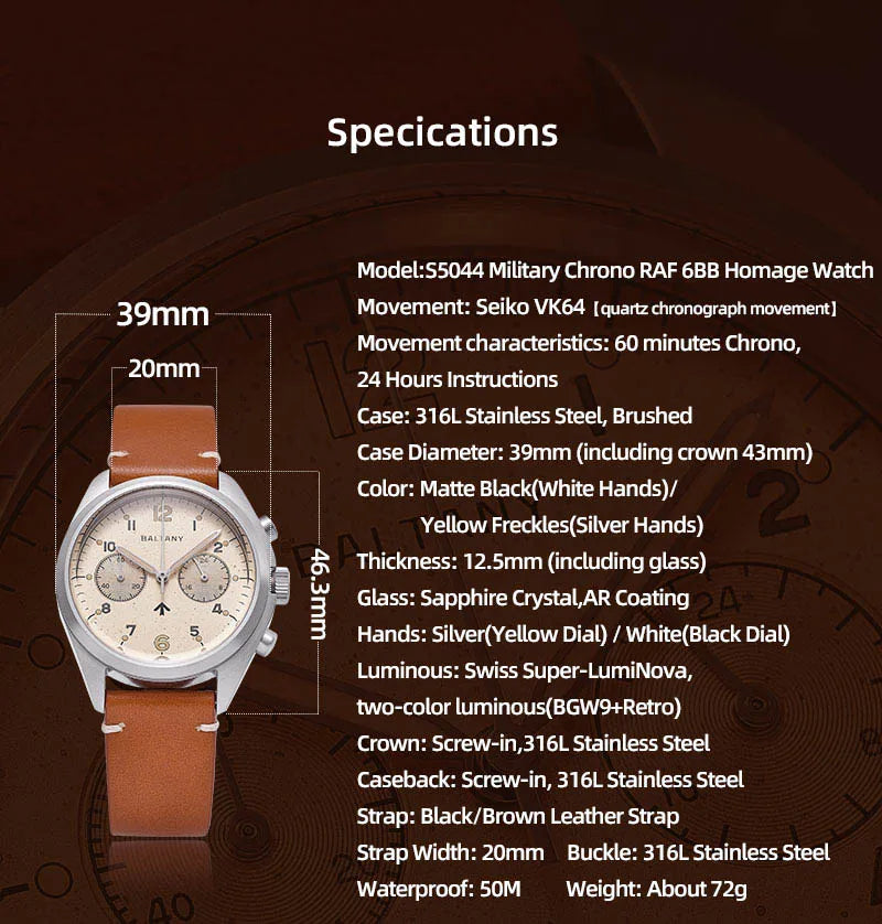 Customizable Watch Baltany 39mm Vk64 Quartz  Military watch Chrono RAF 6BB Homage Multifunction Chronograph 5bar AR Sapphire Swiss Lume