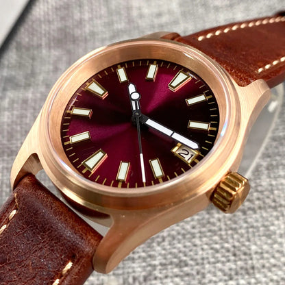 Tandorio Bronze Pilot Watch TD147R 20ATM 36mm Wine Red Dial NH35A  Sapphire Crystal