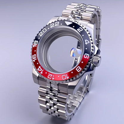 GMT Watch Case 40mm NH34 Nh35 Sliver Watch Case with Sapphire Crystal 120 Click Compatible with NH34/NH35/NH36 Movements Water-Resistant 28.5mm Dial