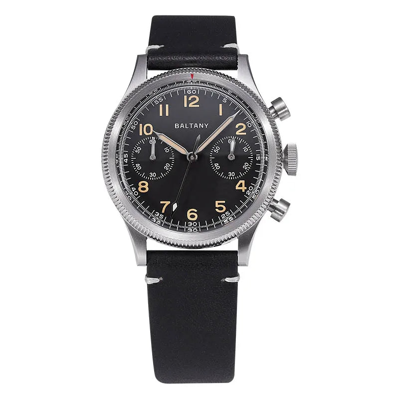 Baltany Military Chronograph Man S5054 Retro Style Quartz Watch Leather Strap Sapphire Glass 5ATM Waterproof Multifunction Watch