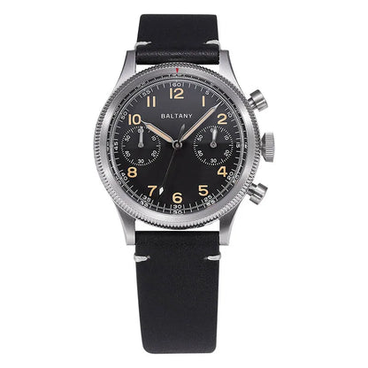 Baltany Military Chronograph Man S5054 Retro Style Quartz Watch Leather Strap Sapphire Glass 5ATM Waterproof Multifunction Watch