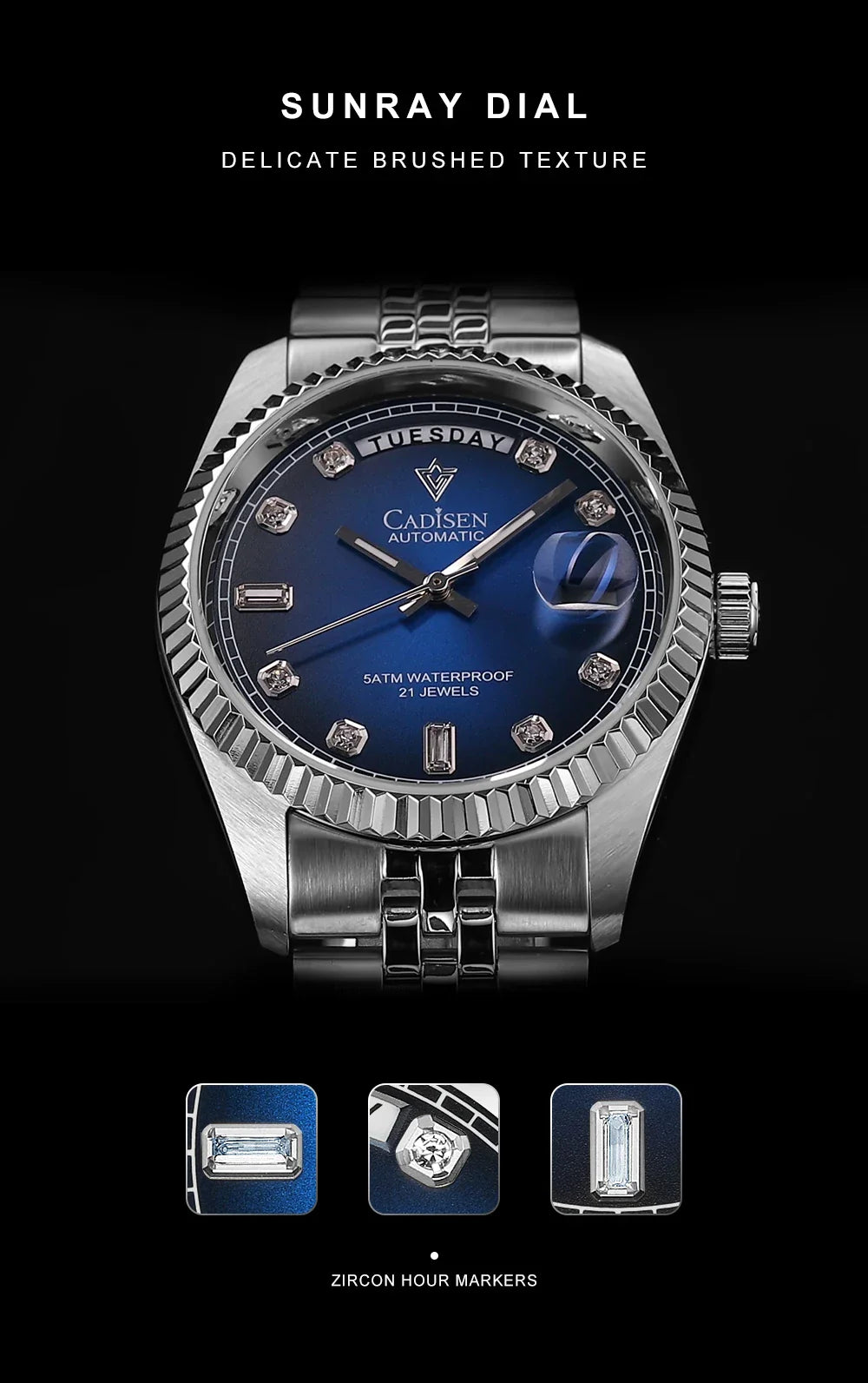 Cadisen C8228 DD38 Watch Diamond Dial MIYOTA 8285 AR Sapphire Crystal luminous 38MM 5Bar