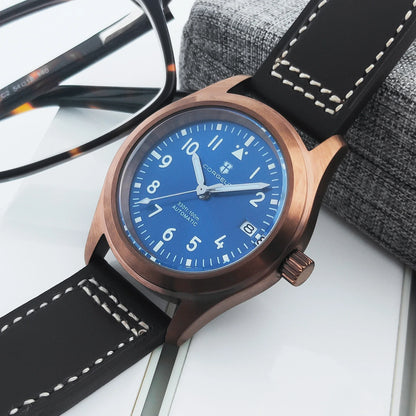 PVD Pilot Watch Sterile for Custom logo 39MM Sapphire 10Bar NH35 automatic glass back