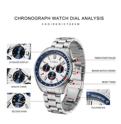 Cadisen C7063 Quartz Chronograph Watch Japan VD53 42MM AR Sapphire 5Bar