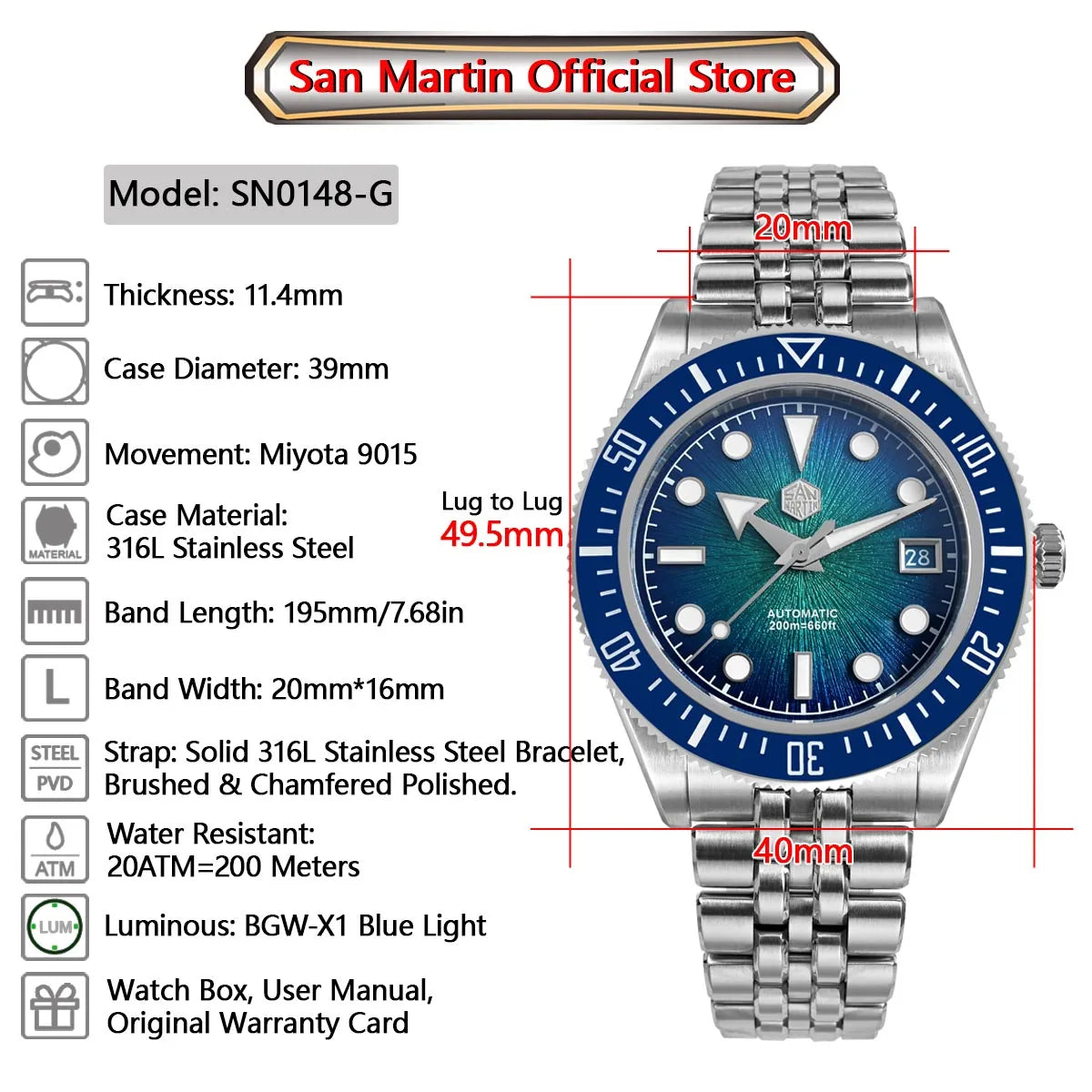 San Martin Diver SN0148G 40mm  Miyota 9015 Automatic Enamel Sunburst Dial 20bar  Ar Sapphire BGW9 Lume