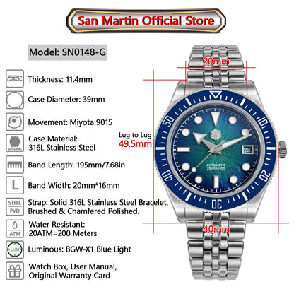 San Martin Diver SN0148G 40mm  Miyota 9015 Automatic Enamel Sunburst Dial 20bar  Ar Sapphire BGW9 Lume