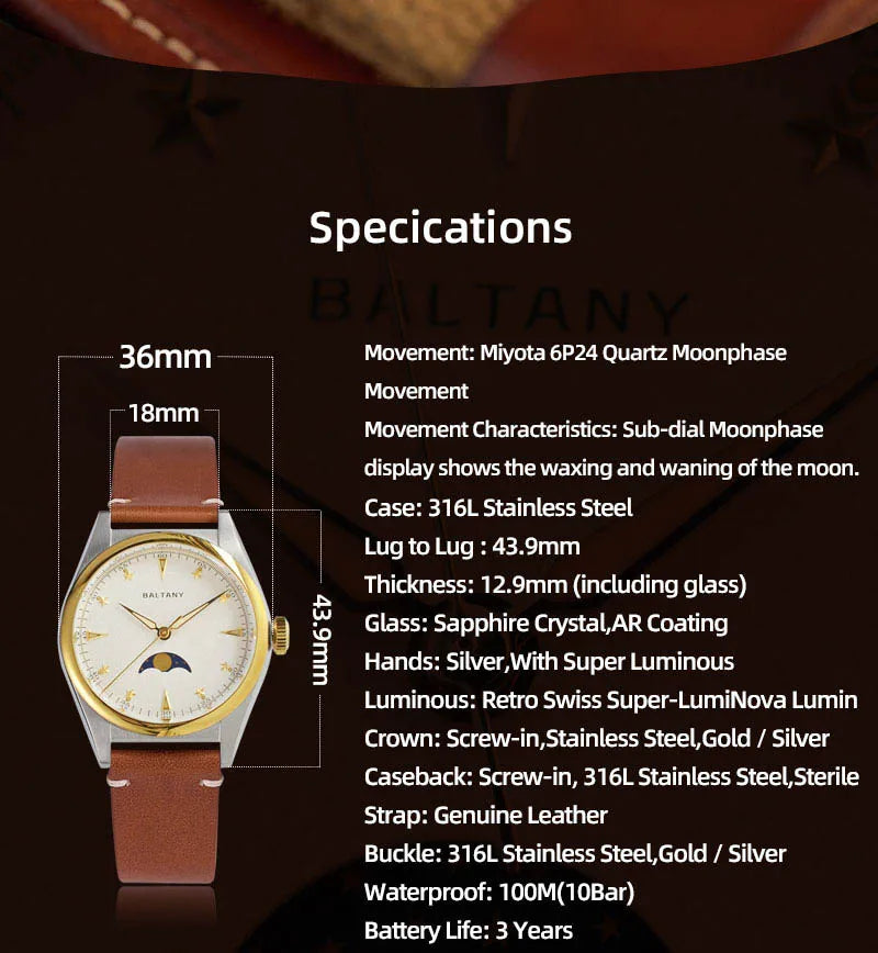 Baltany 36mm Dress Watches S4042 Customizable AR Sapphire Crystal 10Bar  Moon phase Wristwatches Swiss Lume