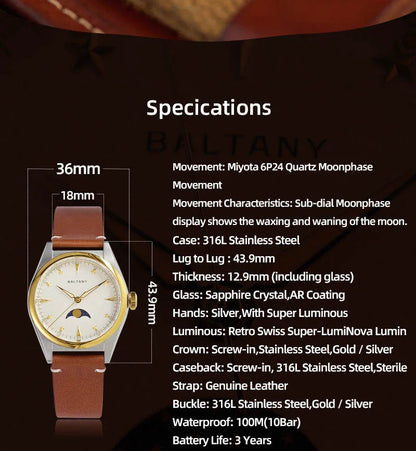 Baltany 36mm Dress Watches S4042 Customizable AR Sapphire Crystal 10Bar  Moon phase Wristwatches Swiss Lume