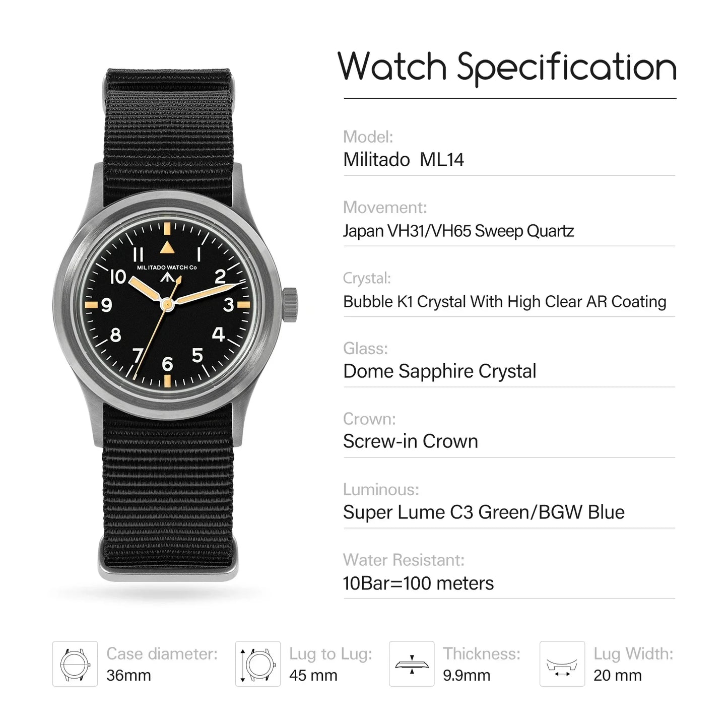Militado ML14 Watch VH31/VH65 Swept Quartz Movement Watch K1 Crystal Night Light 100 Meter Waterproof Stainless Steel Watches