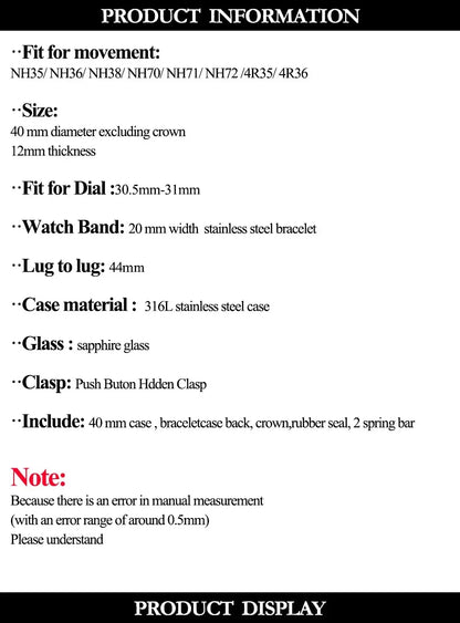 Square Watch Case 316L Steel Bracelet for Nautilus NH34 NH35 NH36 4r35 Movement Sapphire Glass Watch Spare Part