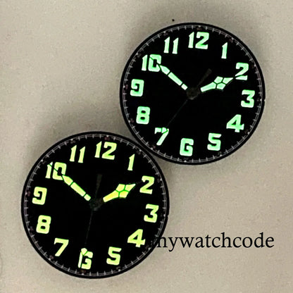 33.5mm Black Watch Dial Arabic Numerals Fit NH35A NH36A ETA2824 PT5000 Automatic Movement Orange/White Hands Green Luminous