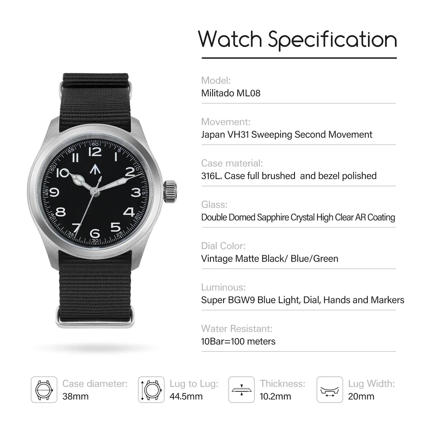 Militado ML08 Military Watch VH31 Quartz Movement Double Sapphire C3 BGW9 Luminous 10Bar Explorer