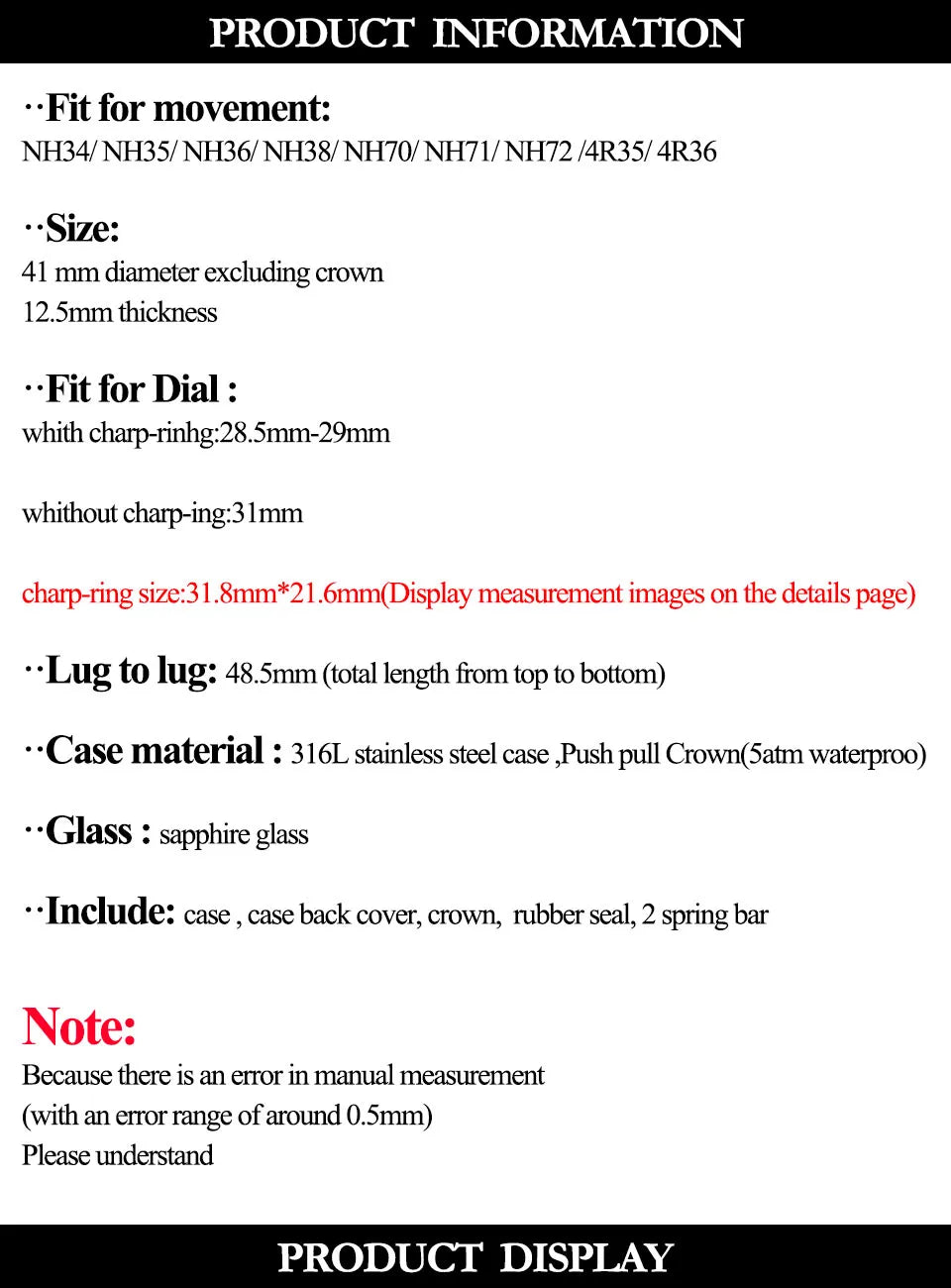 Fit Overseas Serieswatch case 41mm NH34 NH35 NH36 NH70 NH72 Movement elegant Men's Watch Part Mod for 28.5mm dial