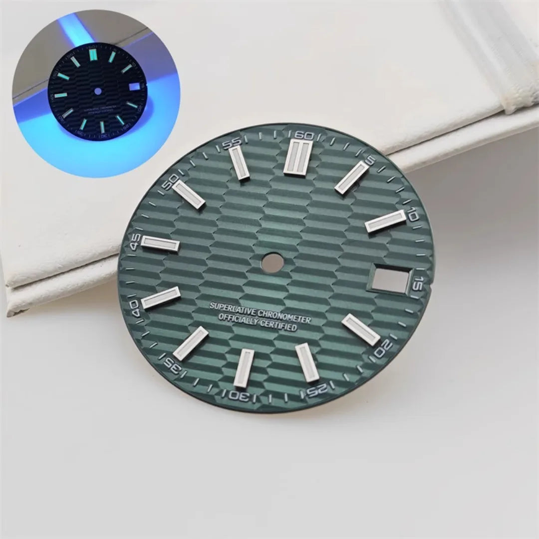 28.5mm Watch Dial Metallic Texture Surface DIY Log Dial BGW9 Blue Green Luminous Watch Faces Watch Accessories for NH35 Movement