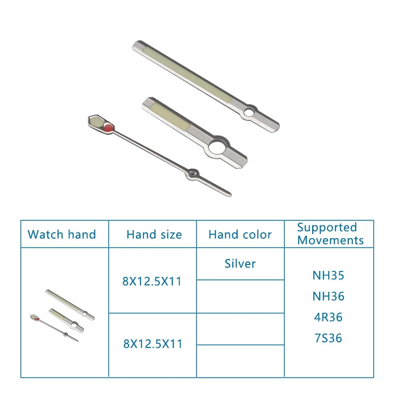 Watch Hands Size 8mm*12.5mm*11mm Green Luminous Hands for Caliber 7s36 4R36 NH35 NH36 Silver Hands Green Luminous Hands