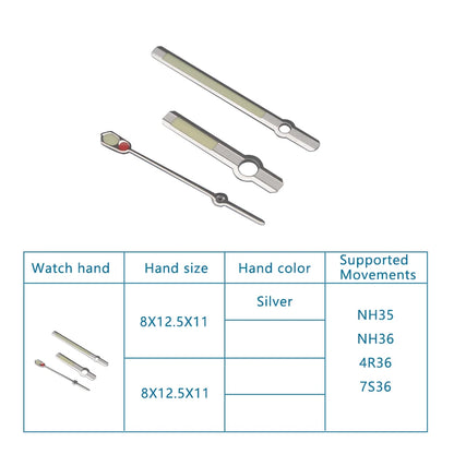 Watch Hands Size 8mm*12.5mm*11mm Green Luminous Hands for Caliber 7s36 4R36 NH35 NH36 Silver Hands Green Luminous Hands