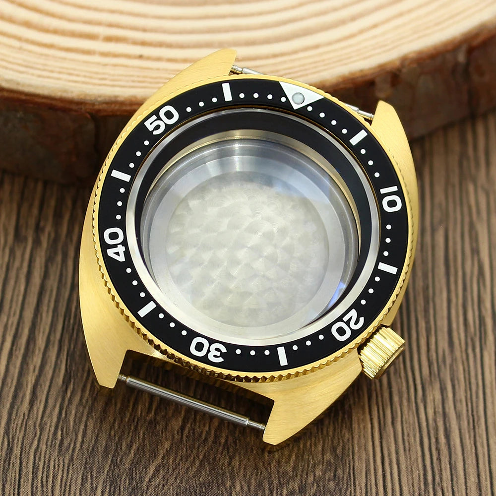 41mm Gold PVD Turtle Watch Case Domed Sapphire Abalone Captain Willard 6105 TMI NH35 NH36 NH34 4R36 Movts Abalone Screw Crown