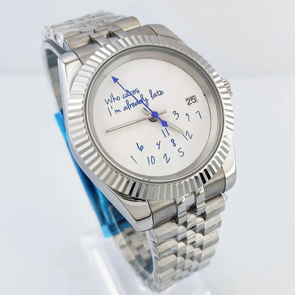 DateJust Seiko NH35 watch "Who Cares I'm already Late" dial customized logo 39mm/36mm  Glass Back Sapphire 10bar