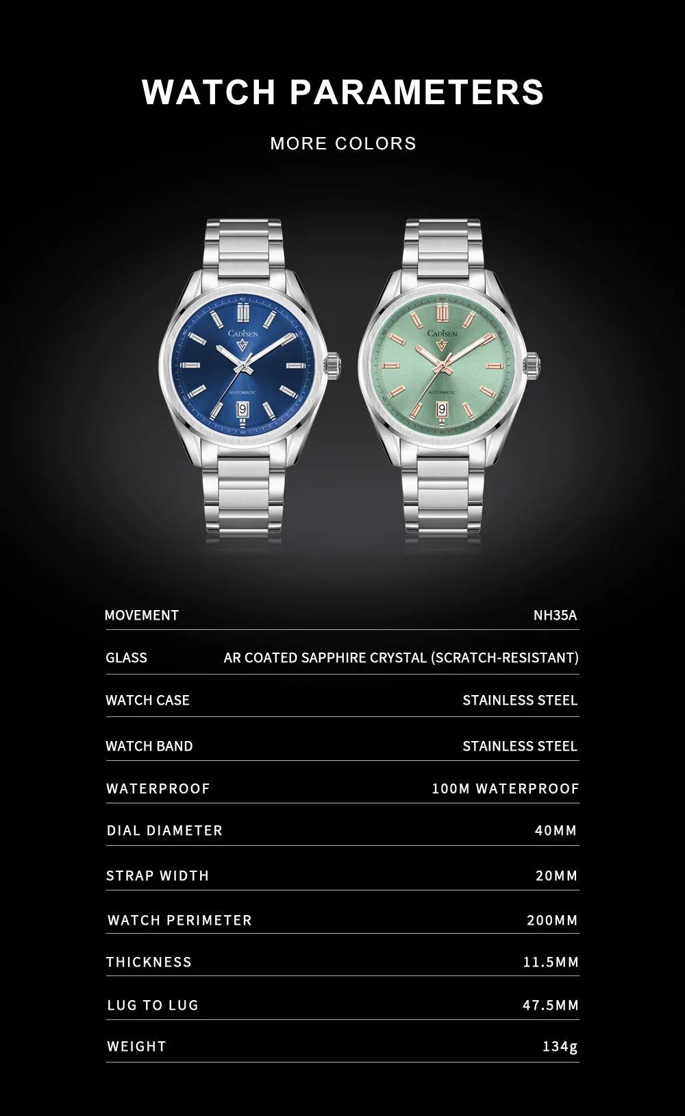 CADISEN C8227 Dress Watch Luminous NH35 AR Sapphire 10Bar 40MM