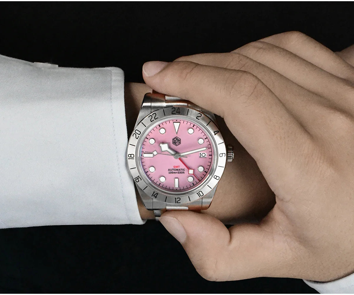 San Martin SN0054G GMT Pink Dial BB  39mm NH34 Automatic Watch 10Bar AR Sapphire BGW9 Lume