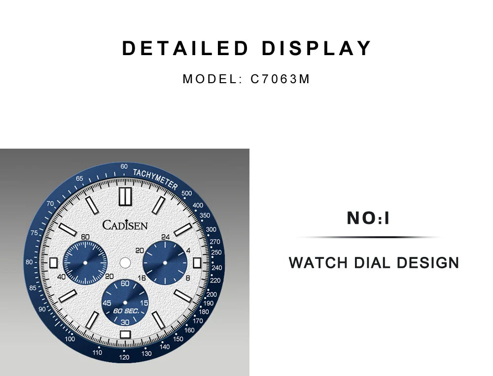 Cadisen C7063 Quartz Chronograph Watch Japan VD53 42MM AR Sapphire 5Bar