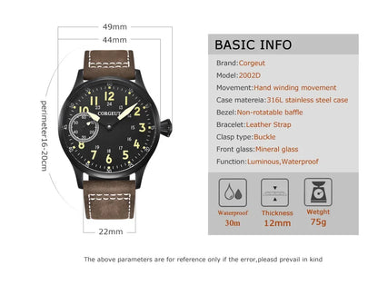 CORGEUT 6023D 44mm ST3600 hand winding Pilot Sub Second Sapphire Crystal 3ATM Glass Back luminous