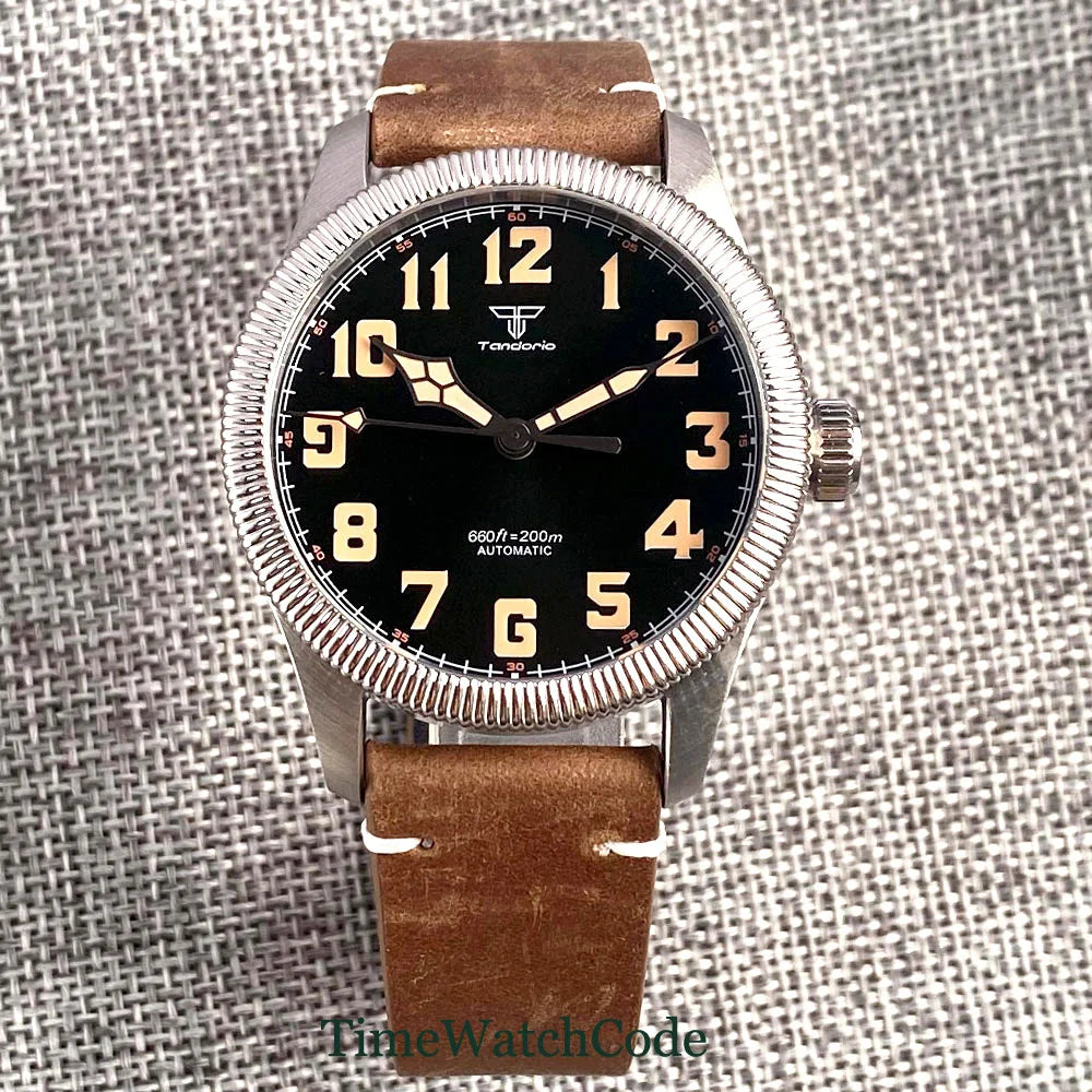 Tandorio Fluted Pilot Watch TD117A 20BAR  NH35 PT5000 Roman Numerals Sapphire 39mm