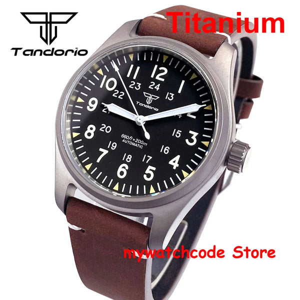 39mm Titanium Pilot Watch Tandorio TD143T Miyota 8215 Movt Automatic Sapphire 20ATM Retro Men Watch