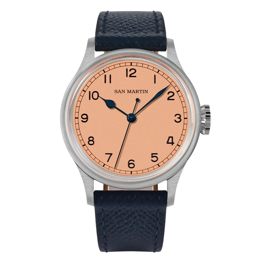 San Martin 38.5mm Men's Mechanical Watch NH35 Vintage Pilot Simple Fashion Wristwatch Baked Varnish Blue Hands 10 Bar Clock