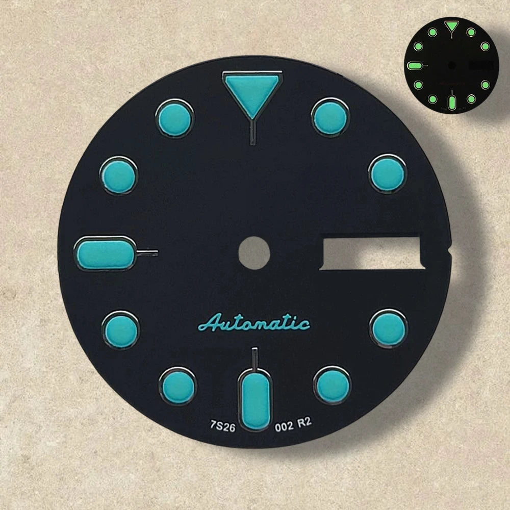 28.5mm S 5 Logo SKX007 Black Dial Suitable for NH36/4R36 Movement Green Luminous Dual Calendar Watch Modification Accessories