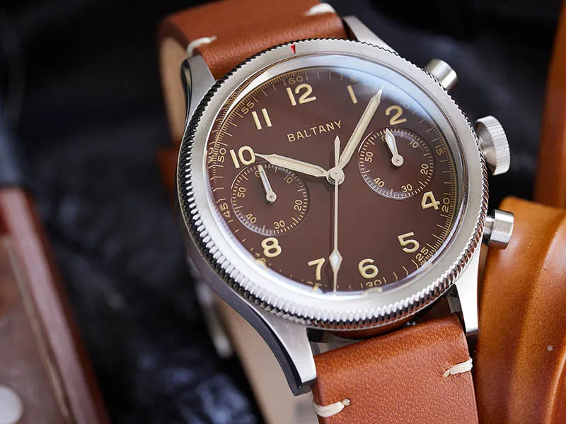 Baltany Military Chronograph Man S5054 Retro Style Quartz Watch Leather Strap Sapphire Glass 5ATM Waterproof Multifunction Watch