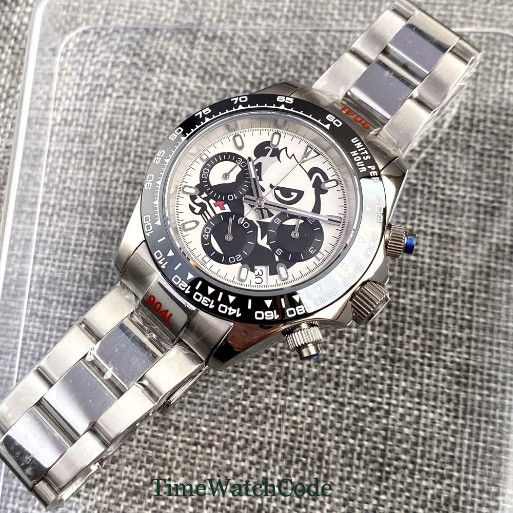 Tandorio 39mm Quartz VK63 Chronograph Panda Crocodile Fashion TD309 3Bar