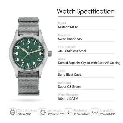 Militado ML12 Military Watch VH31 Quartz Domed Sapphire  C3 Luminous 38mm 10Bar