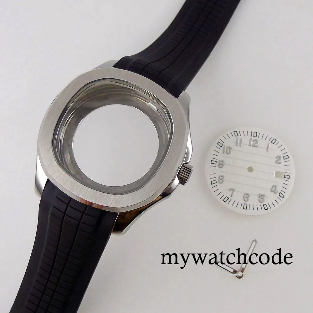 40mm Watch Case Glass Back Rubber Strap Dial Hands Set Fit NH35A NH36A Automatic Movement Sapphire Glass