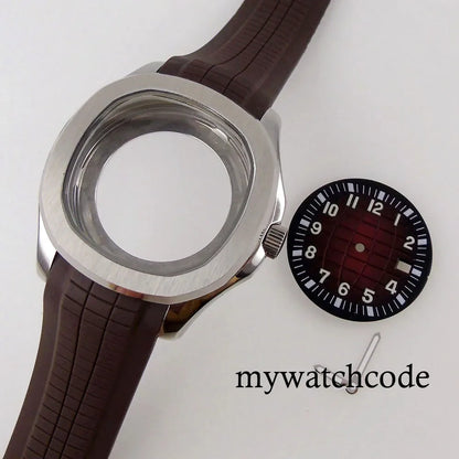 40mm Watch Case Glass Back Rubber Strap Dial Hands Set Fit NH35A NH36A Automatic Movement Sapphire Glass