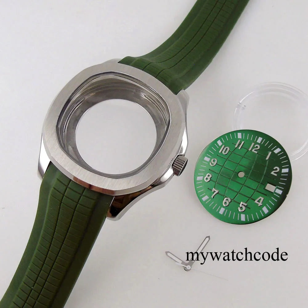 40mm Watch Case Glass Back Rubber Strap Dial Hands Set Fit NH35A NH36A Automatic Movement Sapphire Glass