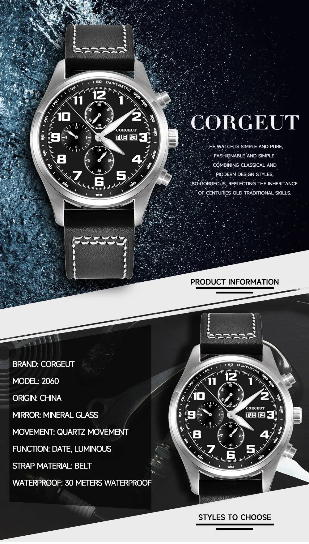 Corgeut 9003 Chronograph Watch 41mm Date Month MIYOTA OS00 Quartz Sapphire 3ATM