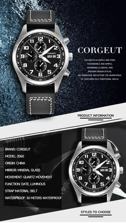 Corgeut 9003 Chronograph Watch 41mm Date Month MIYOTA OS00 Quartz Sapphire 3ATM